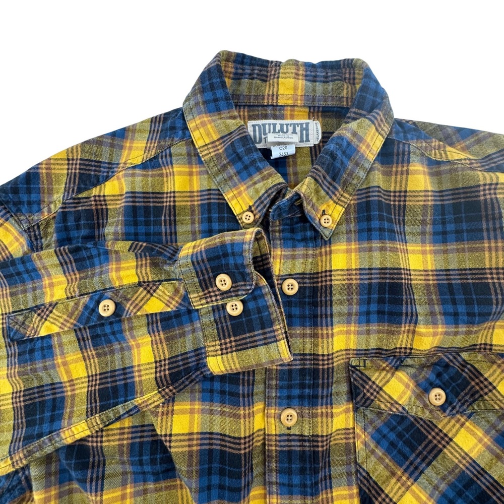 Duluth Trading Co Plaid Flannel Shirt Mens Medium Yellow Blue Lumberjack Utility